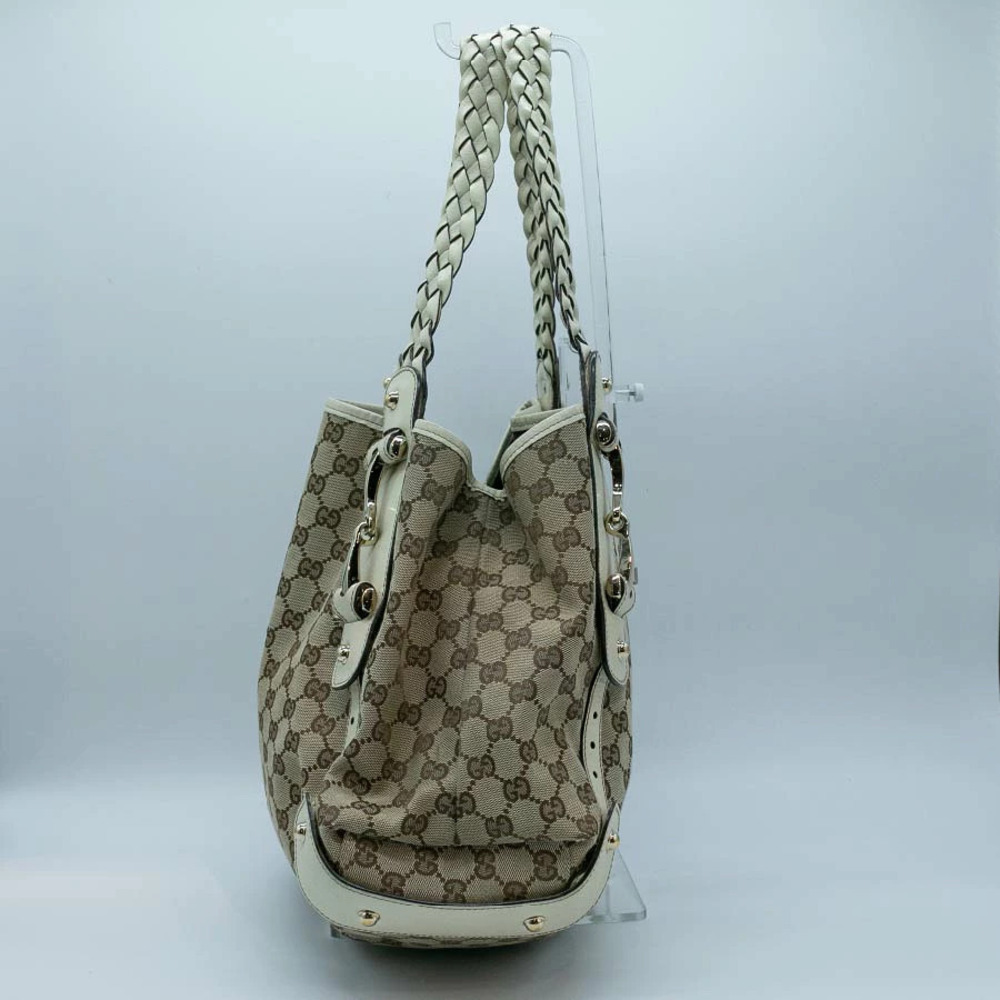 Gucci Gold Horsebit GG Leather Tote Bag Beige Canvas Gold Tan